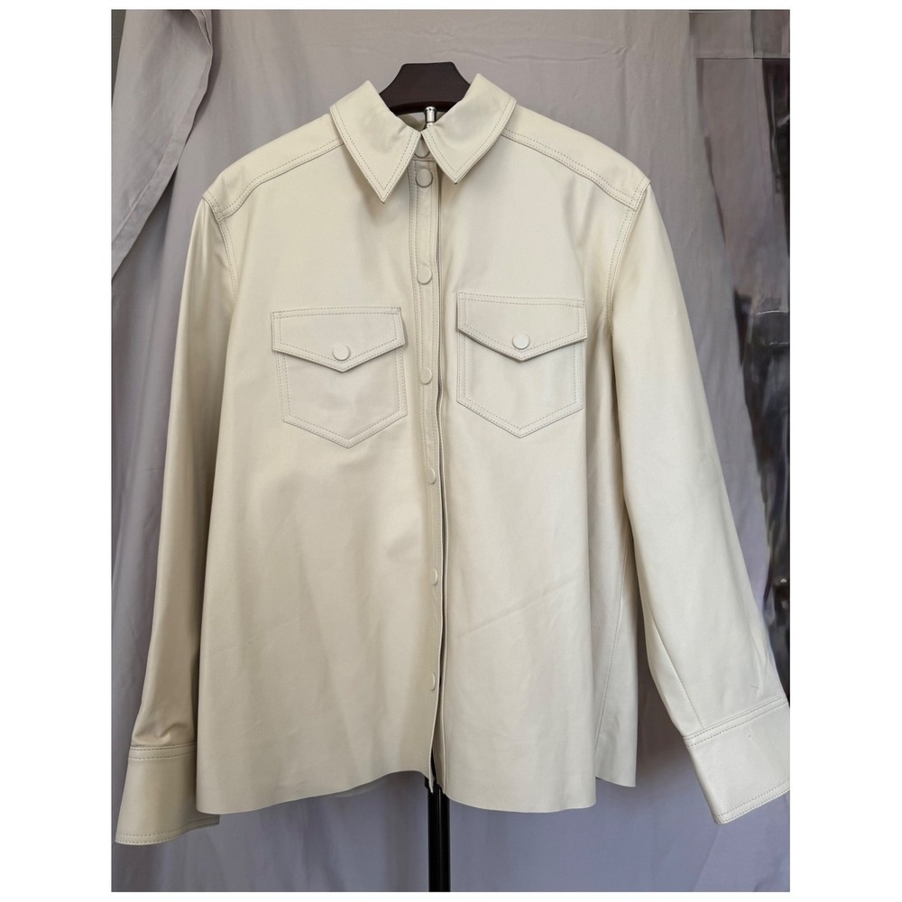 L'Academie Aylah Faux Leather Blouse Shirt Jacket Cream Beige Women's Size S